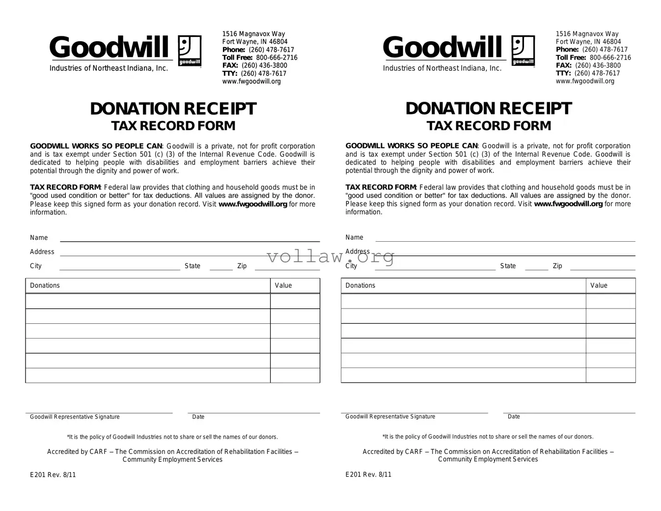 Goodwill donation receipt Template