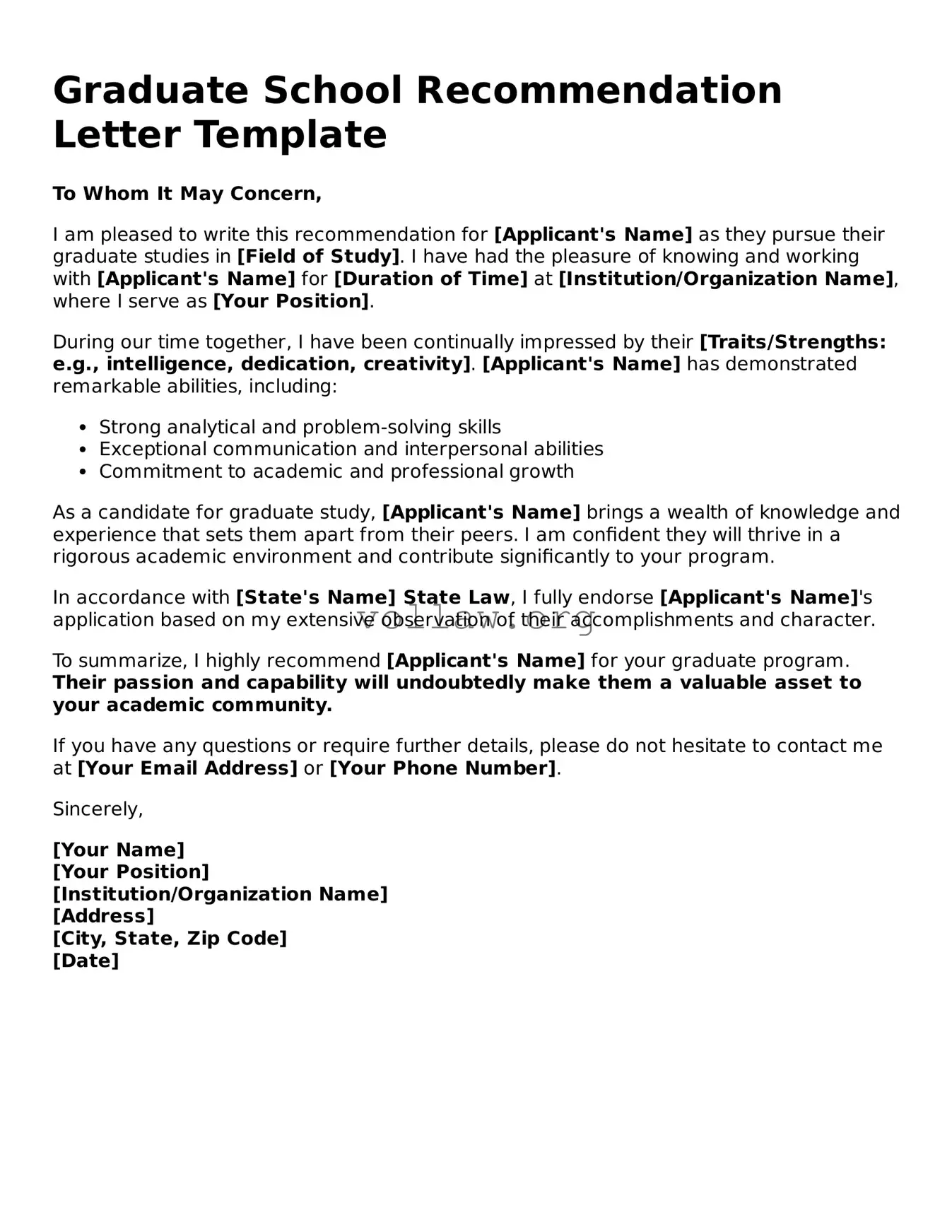 Free Graduate School Recommendation Letter Form