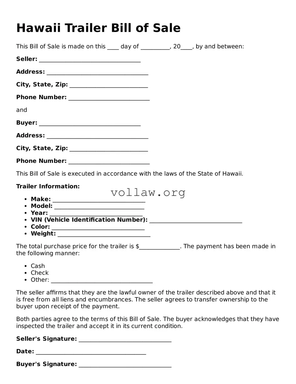 Attorney-Verified  Trailer Bill of Sale Form for Hawaii