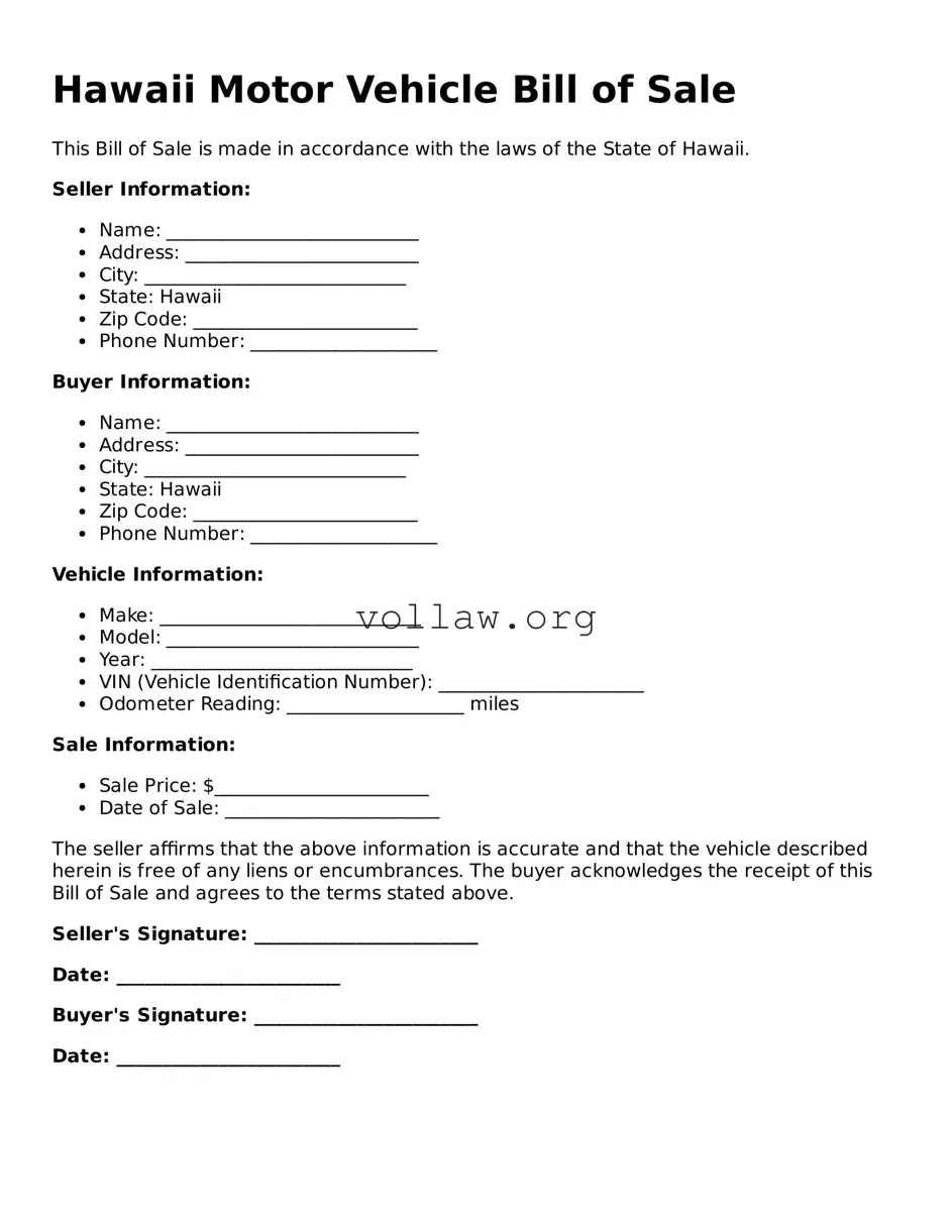 Attorney-Verified  Motor Vehicle Bill of Sale Form for Hawaii