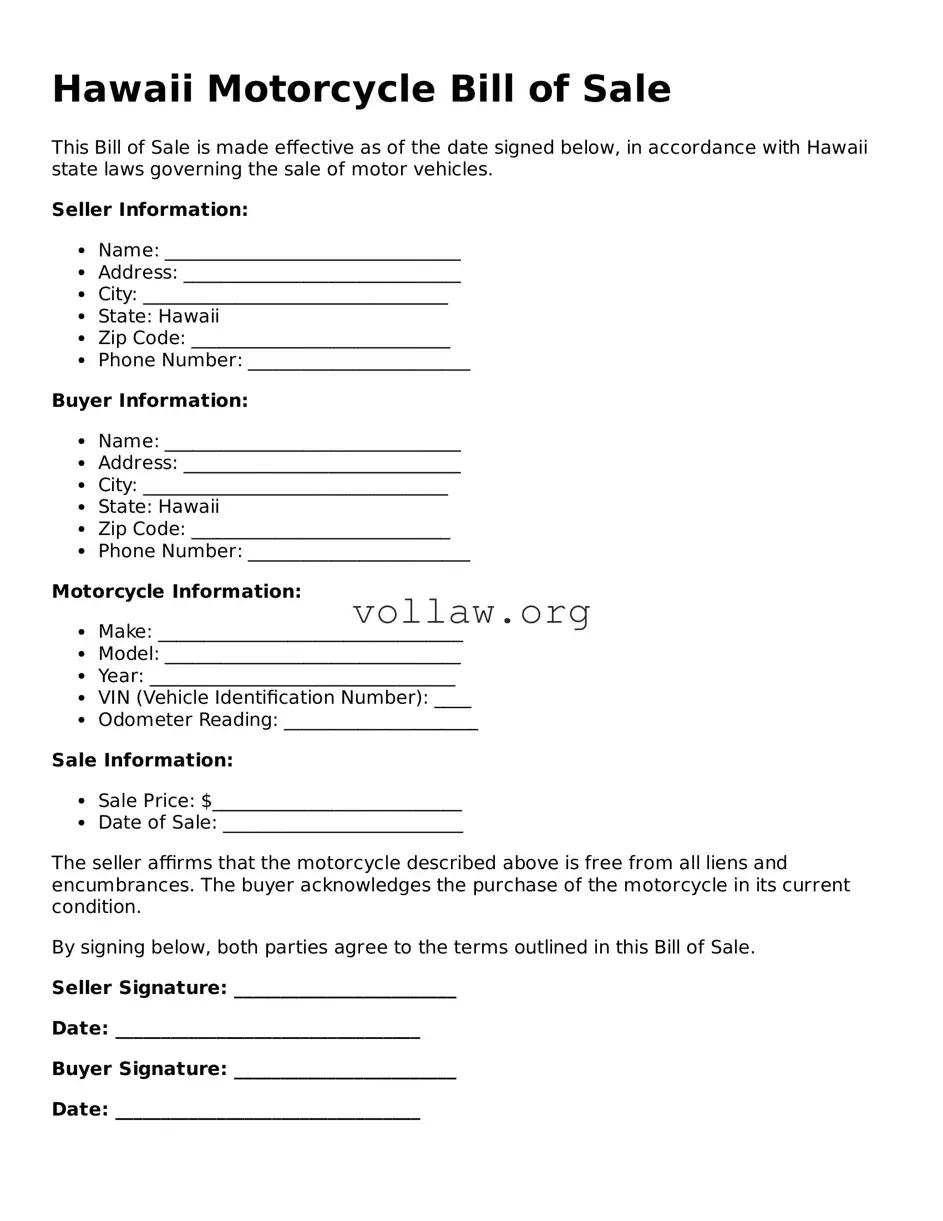Attorney-Verified  Motorcycle Bill of Sale Form for Hawaii