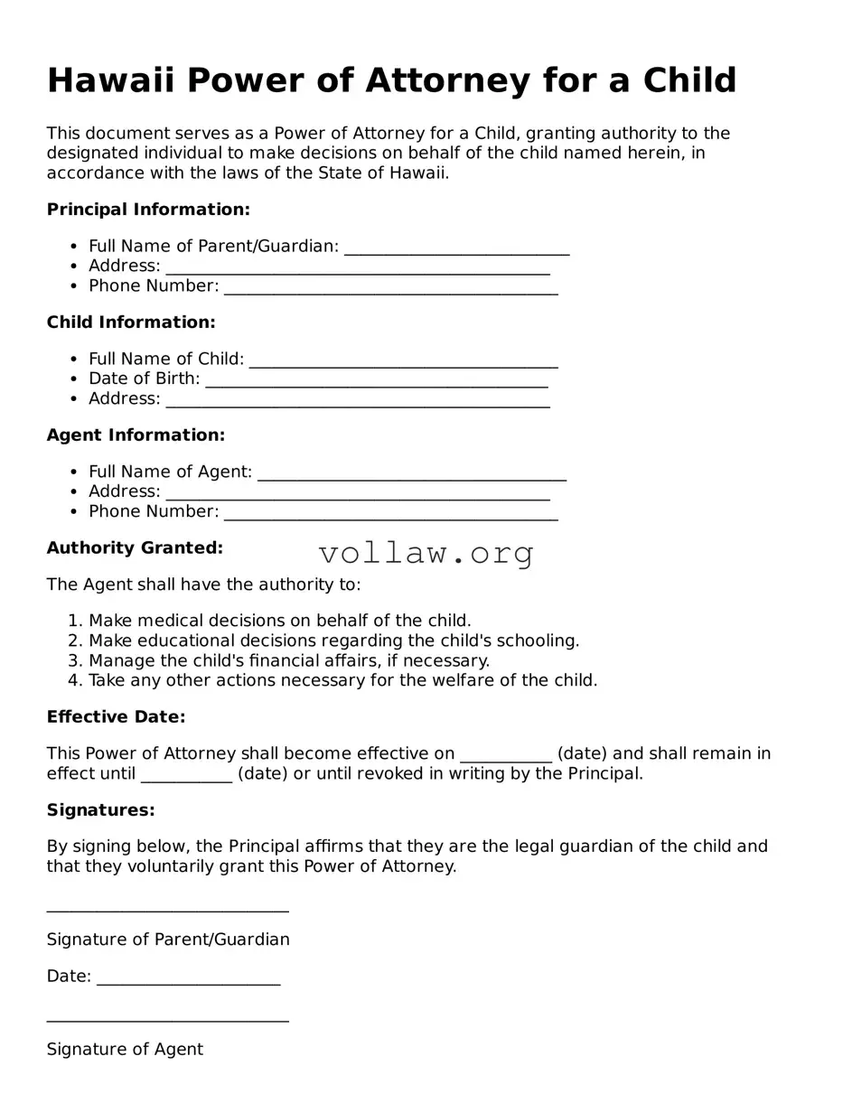 Attorney-Verified  Power of Attorney for a Child Form for Hawaii
