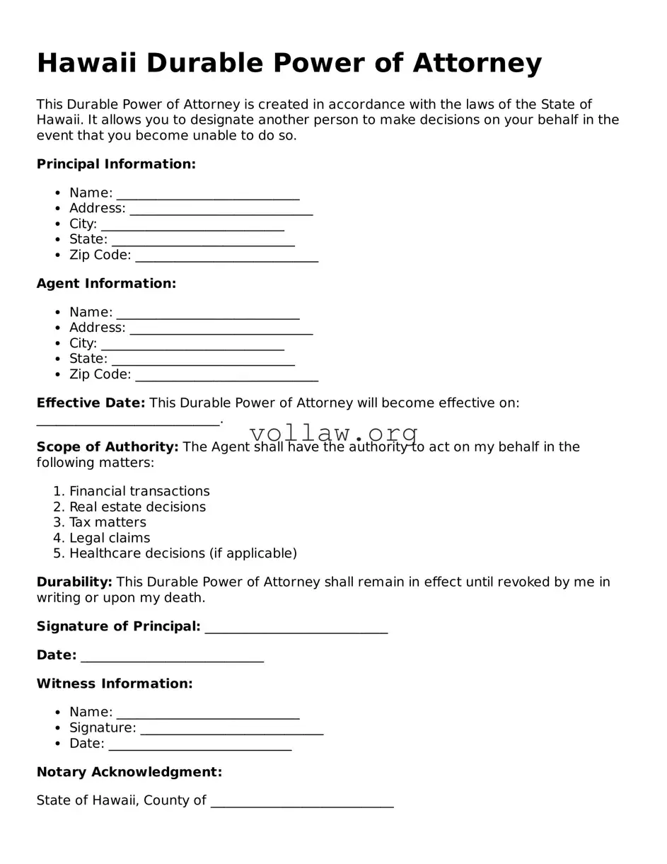 Attorney-Verified  Durable Power of Attorney Form for Hawaii