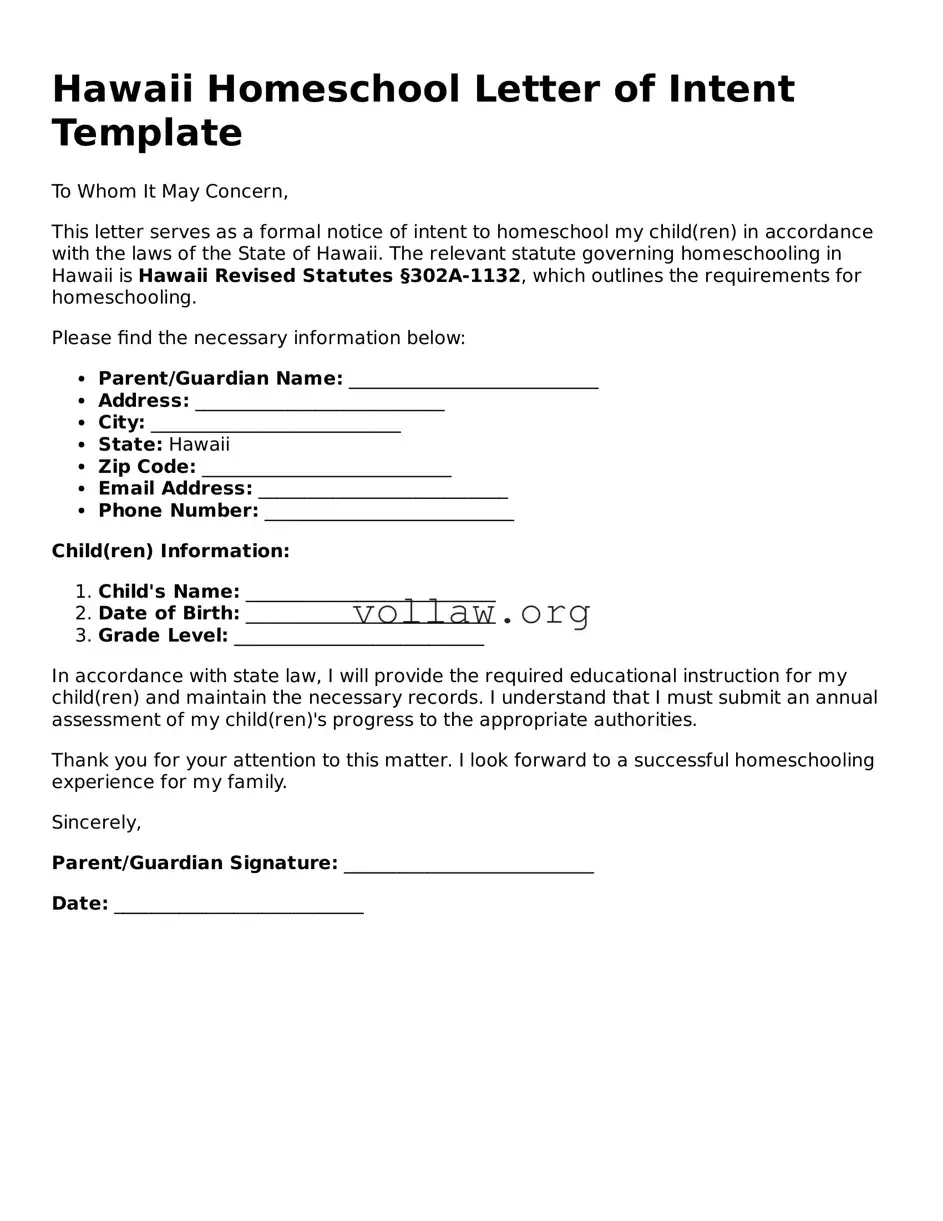 Attorney-Verified  Homeschool Letter of Intent Form for Hawaii