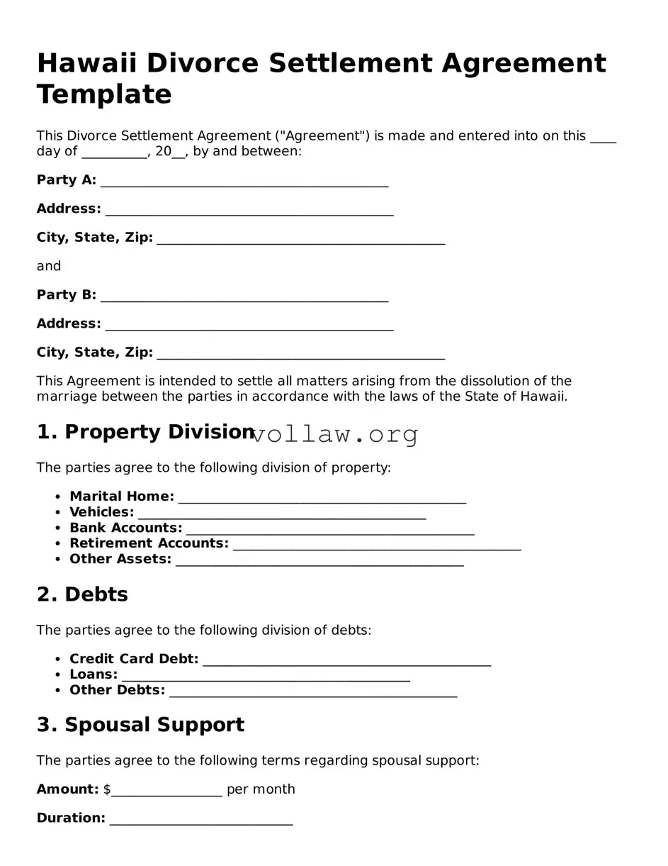 Attorney-Verified  Divorce Settlement Agreement Form for Hawaii