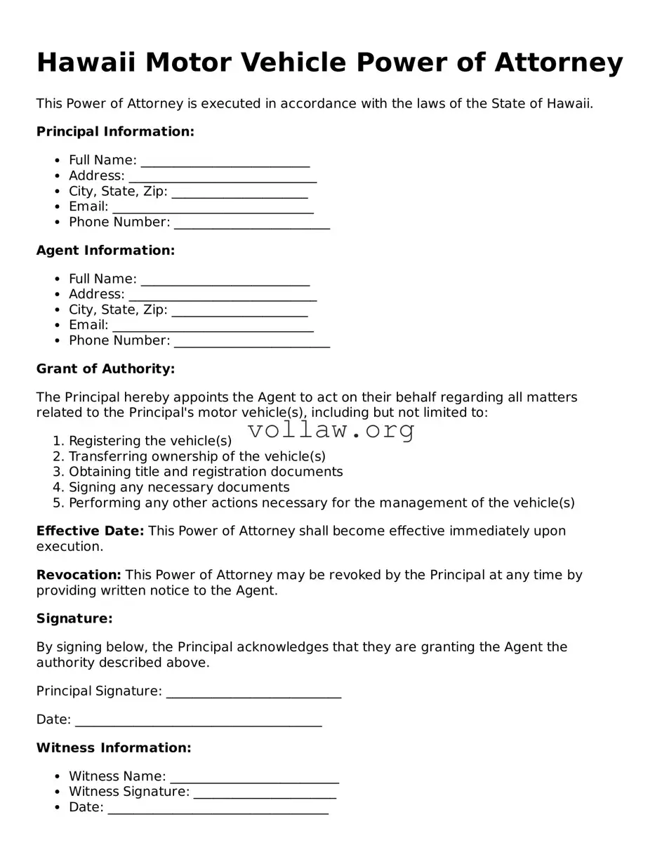 Attorney-Verified  Motor Vehicle Power of Attorney Form for Hawaii