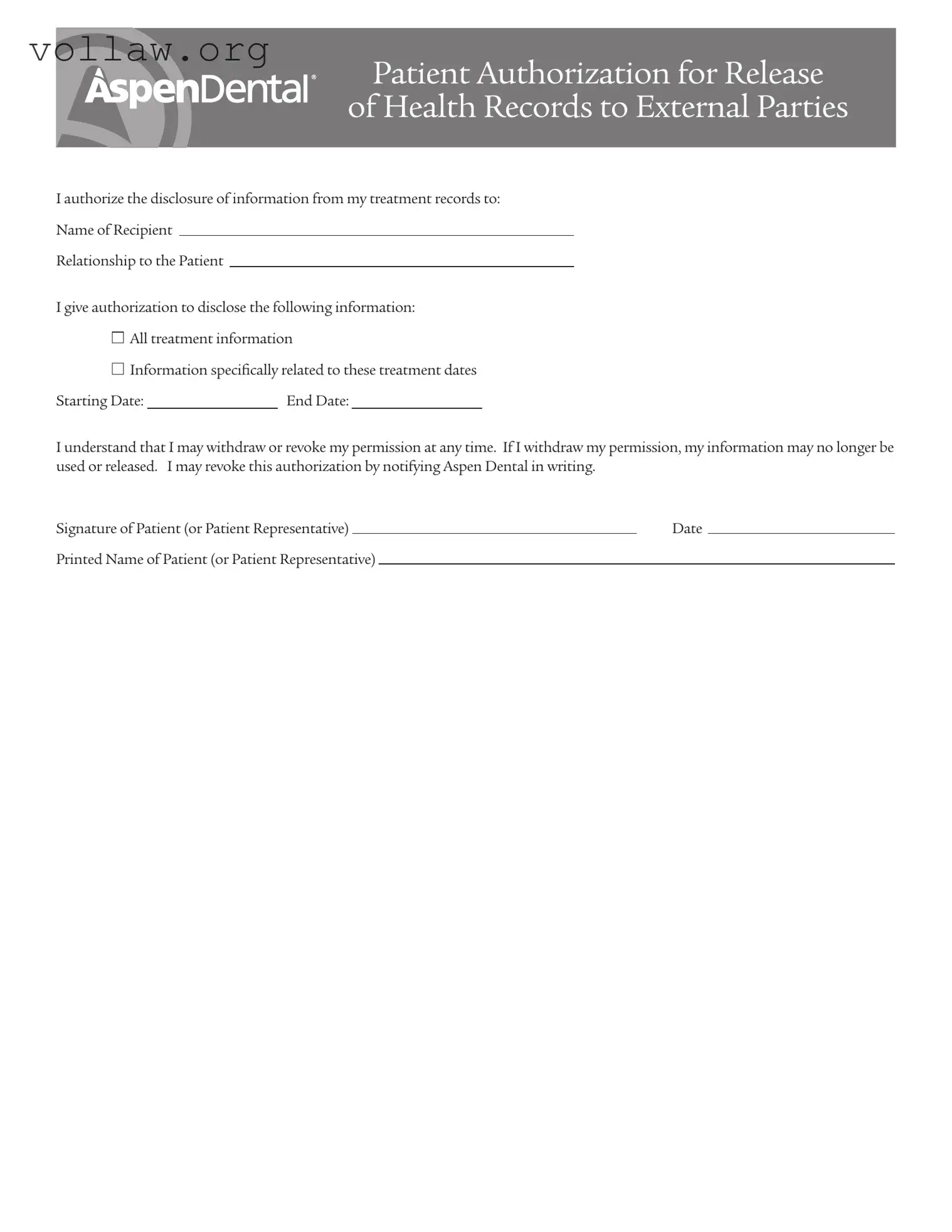 Aspen Dental Health Information Release Template