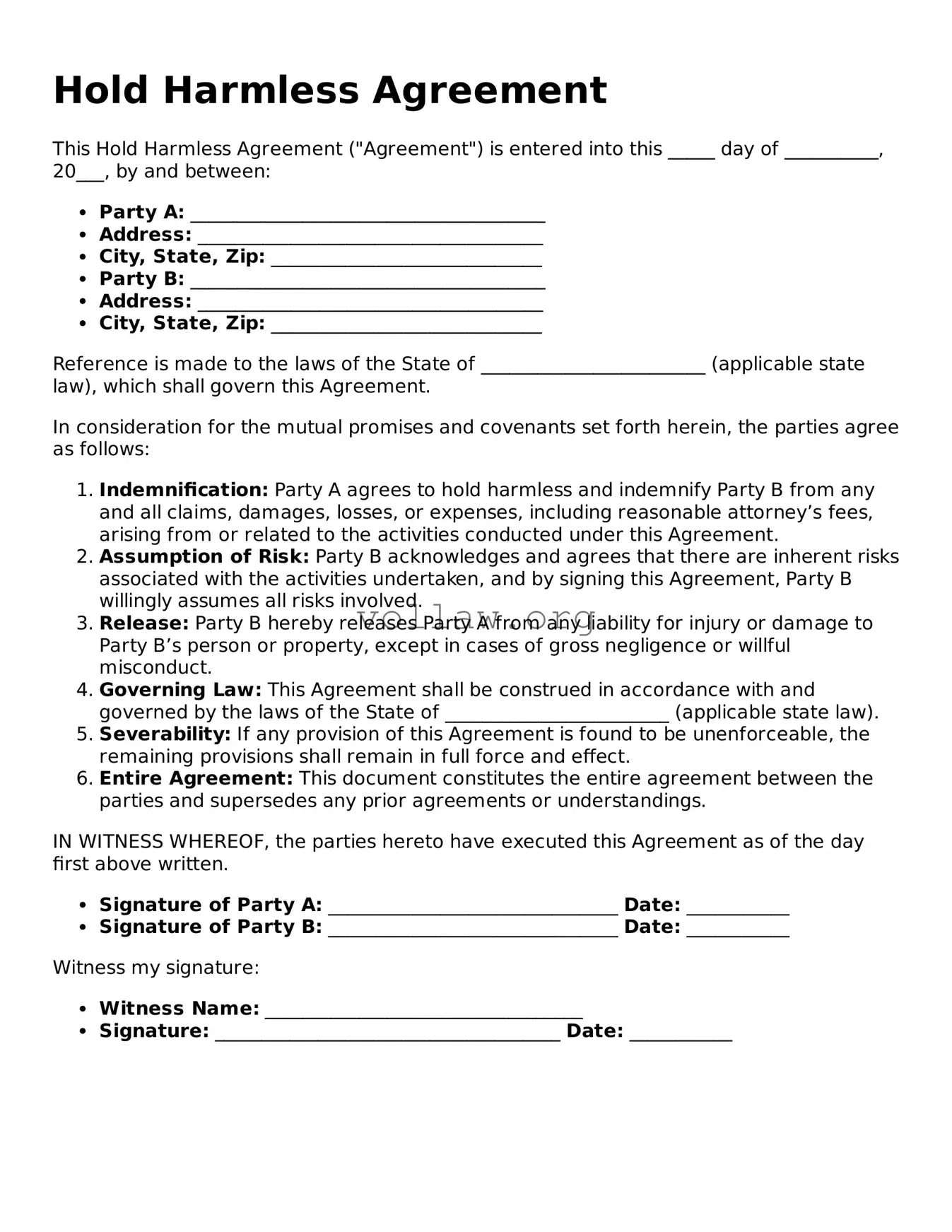 Free Hold Harmless Agreement Form
