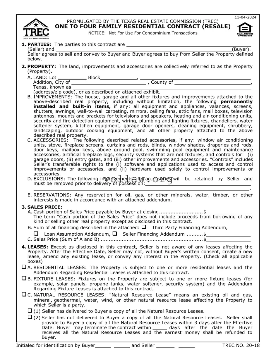 TREC One to four family residential contract Template