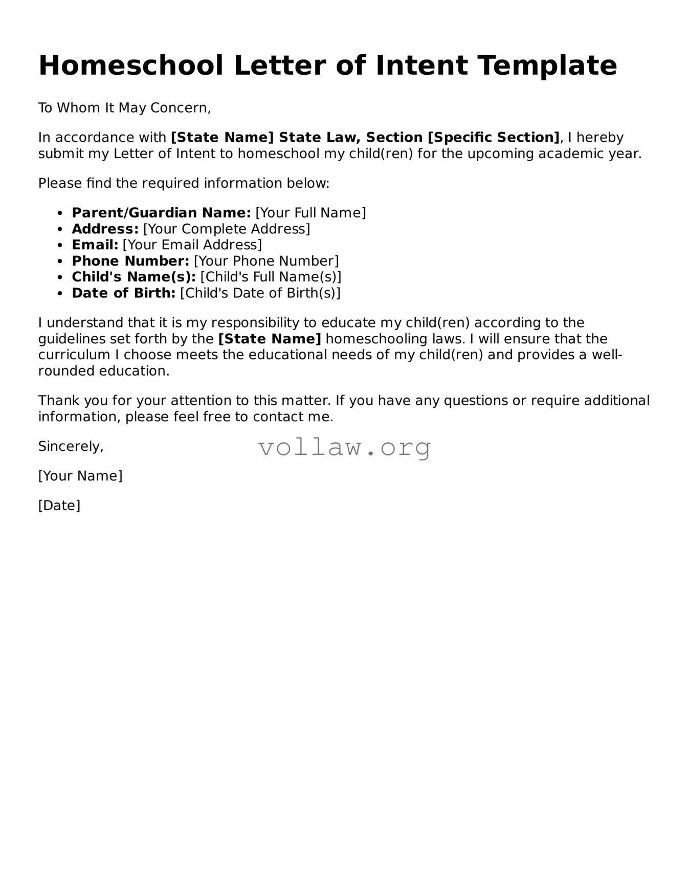 Free Homeschool Letter of Intent Form