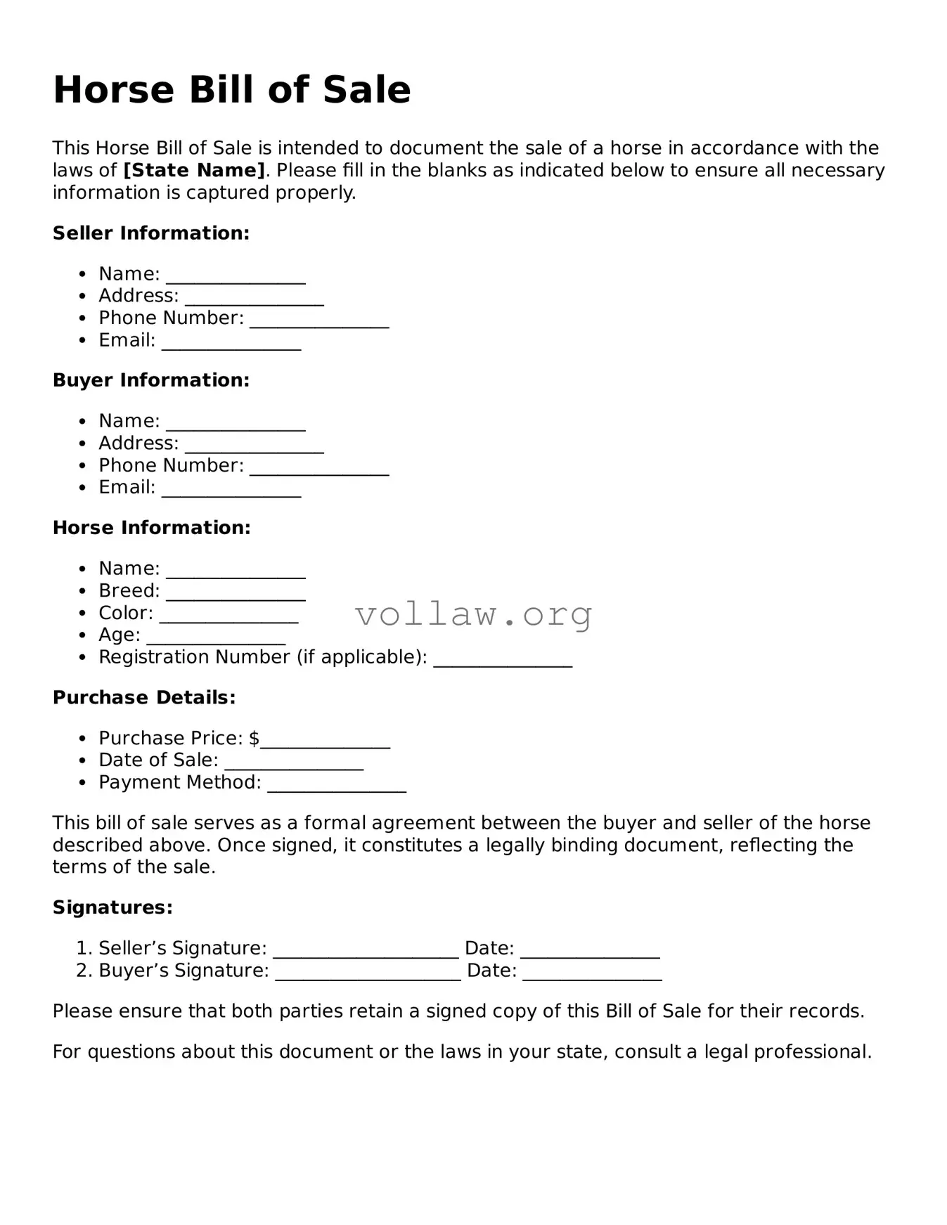 Free Horse Bill of Sale Form