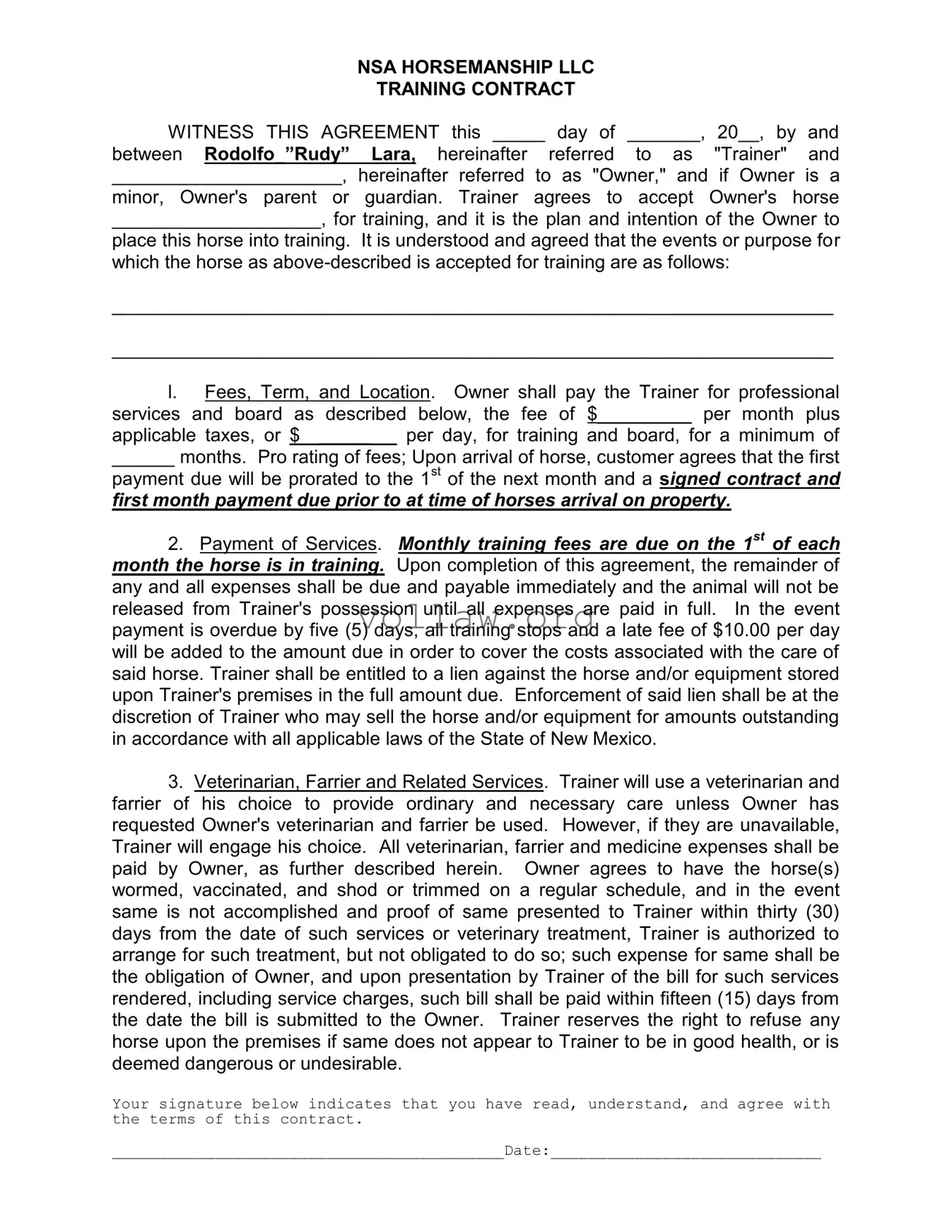 Horse Training Contract Template