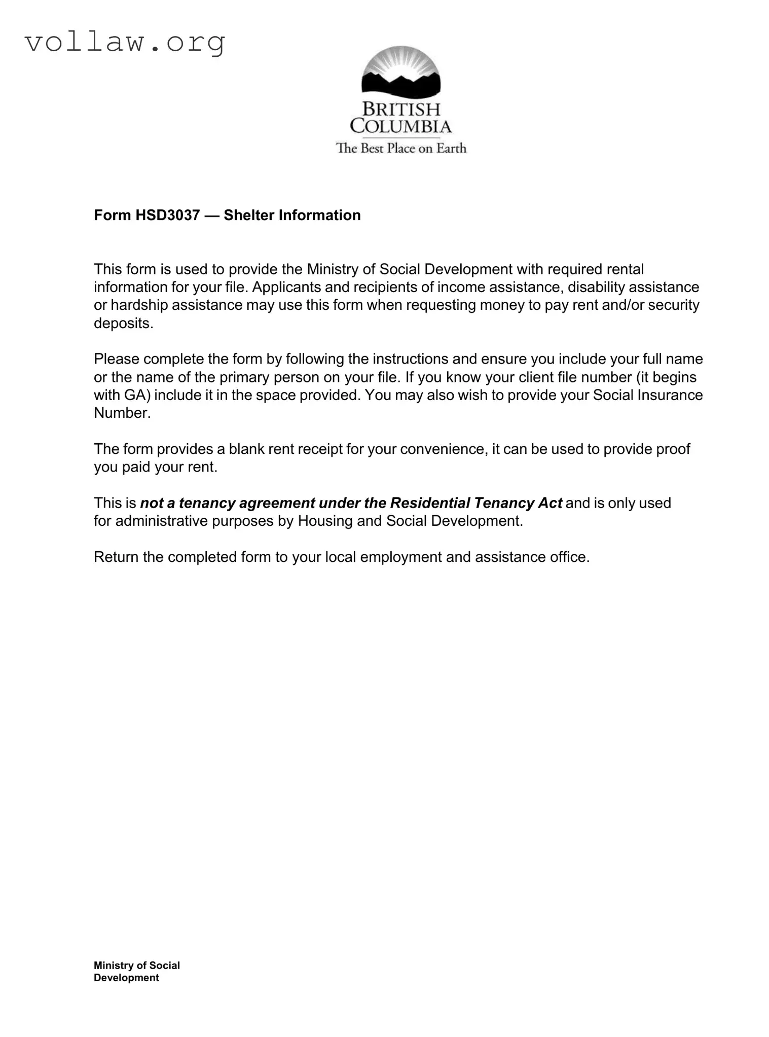 Bc Shelter Information Template