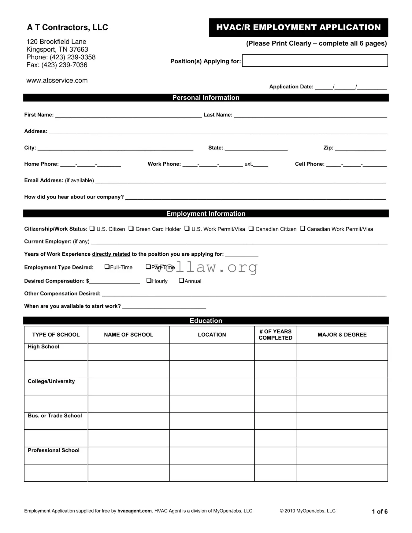 Hvac Job Application Template