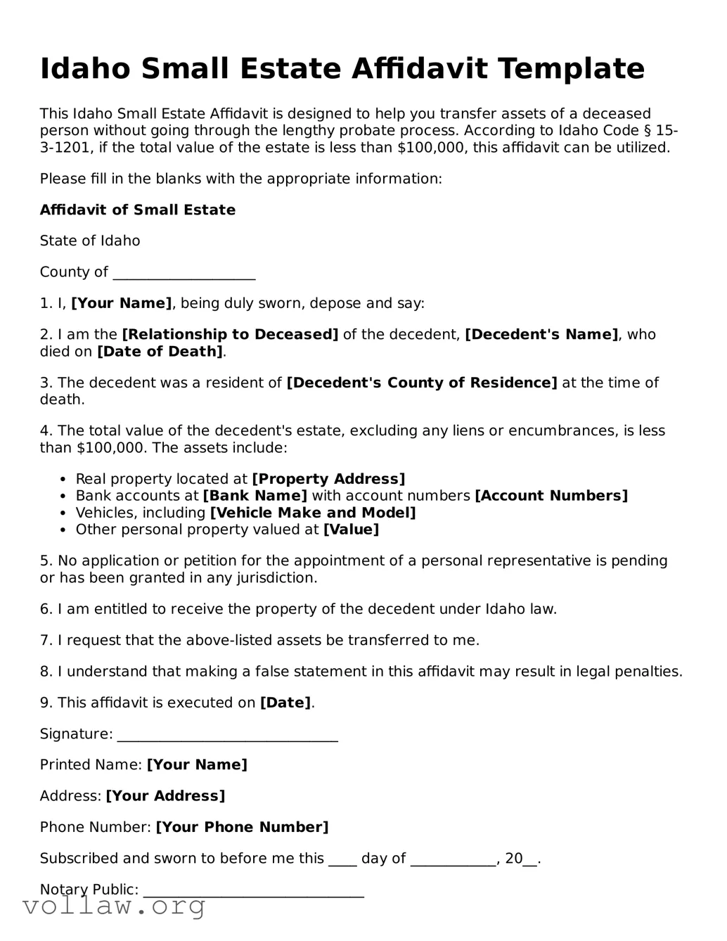 Attorney-Verified  Small Estate Affidavit Form for Idaho