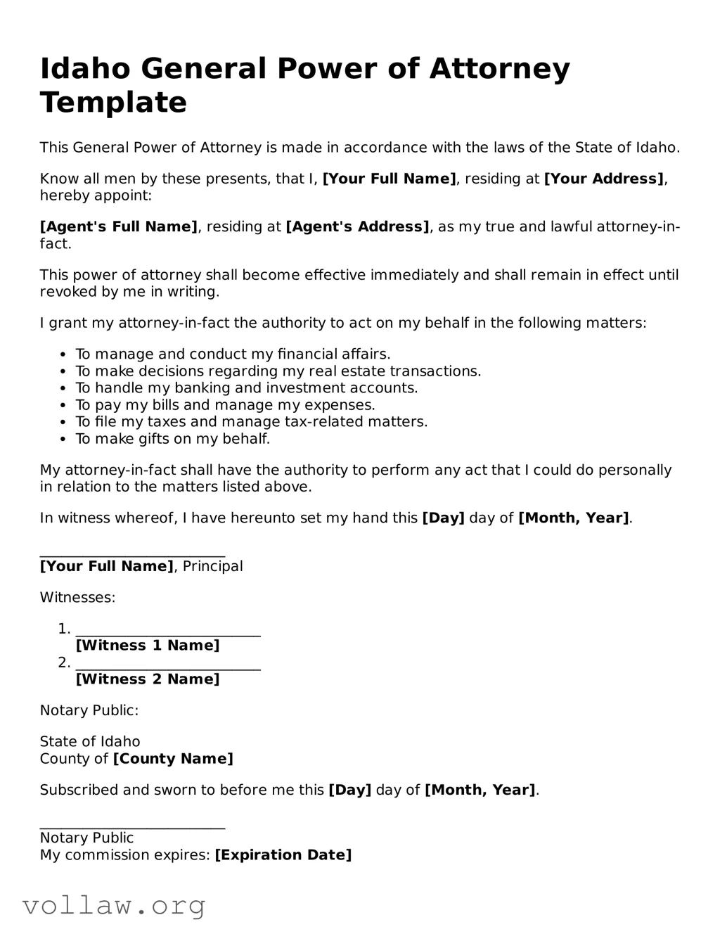 Attorney-Verified  General Power of Attorney Form for Idaho