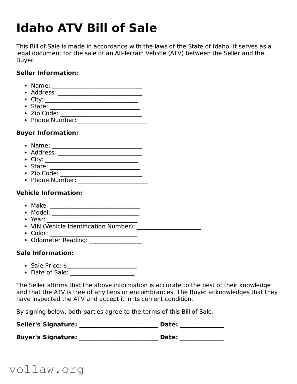 Attorney-Verified  ATV Bill of Sale Form for Idaho
