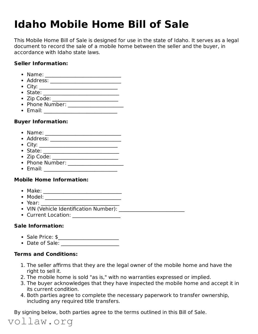 Attorney-Verified  Mobile Home Bill of Sale Form for Idaho