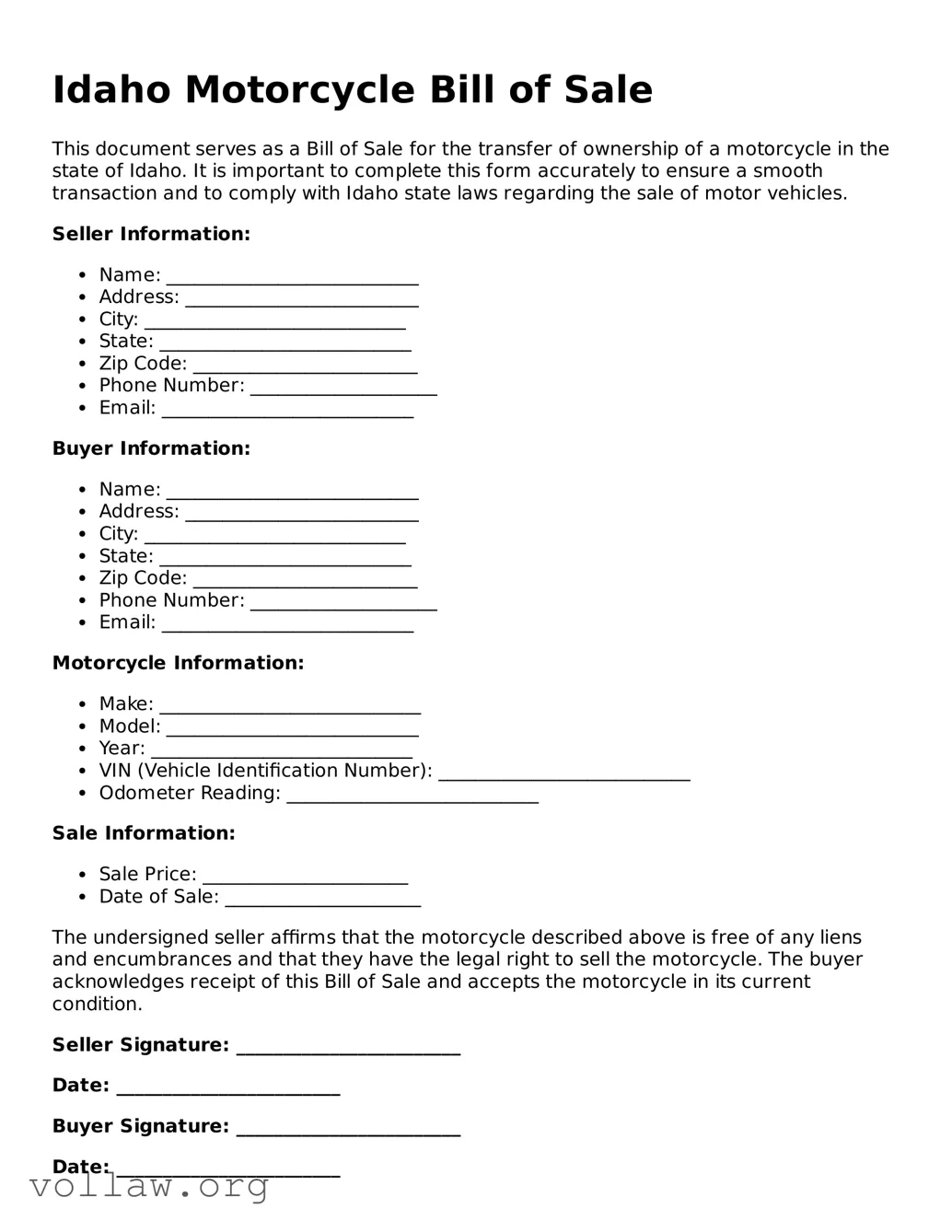 Attorney-Verified  Motorcycle Bill of Sale Form for Idaho