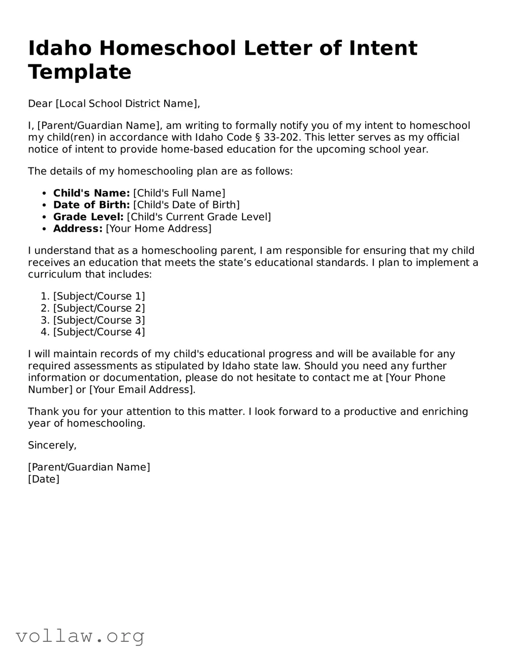 Attorney-Verified  Homeschool Letter of Intent Form for Idaho