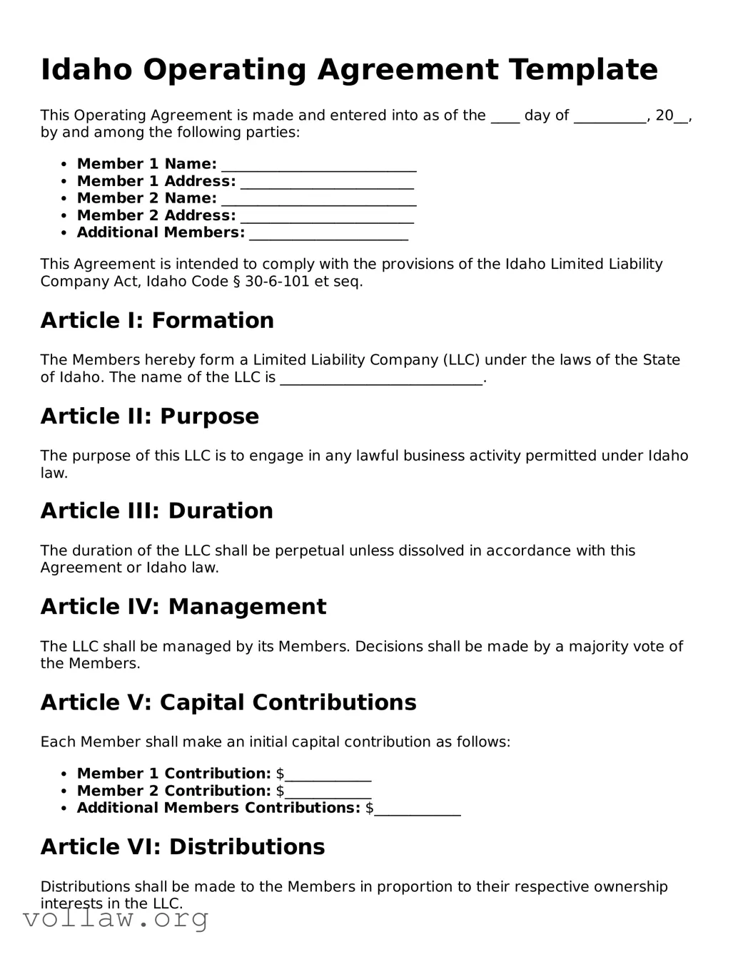 Attorney-Verified  Operating Agreement Form for Idaho