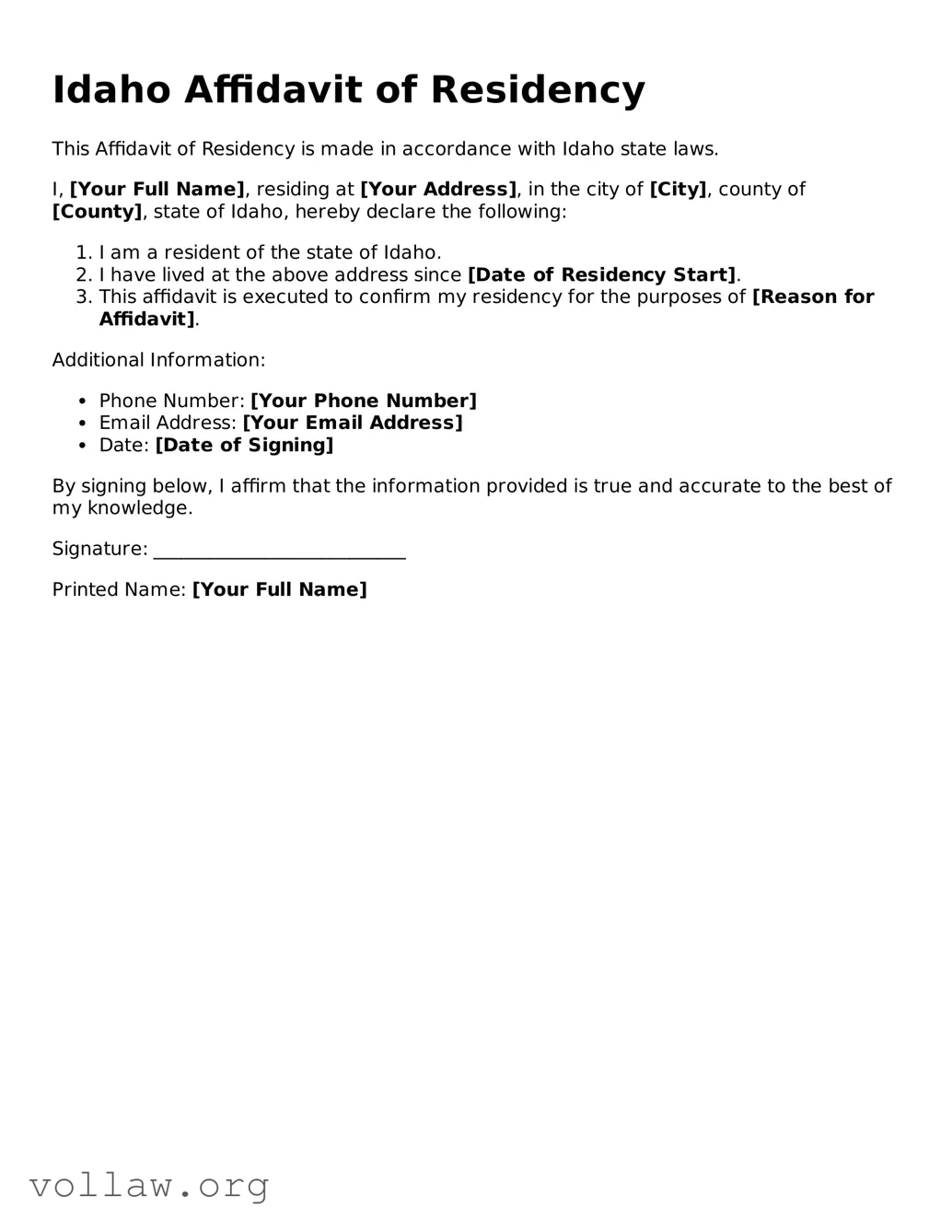 Attorney-Verified  Affidavit of Residency Form for Idaho