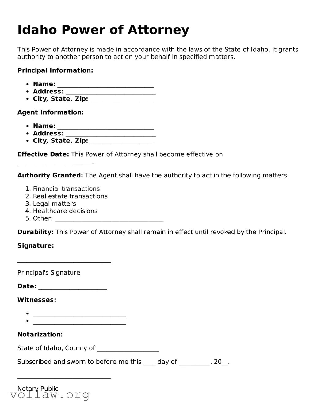 Attorney-Verified  Power of Attorney Form for Idaho