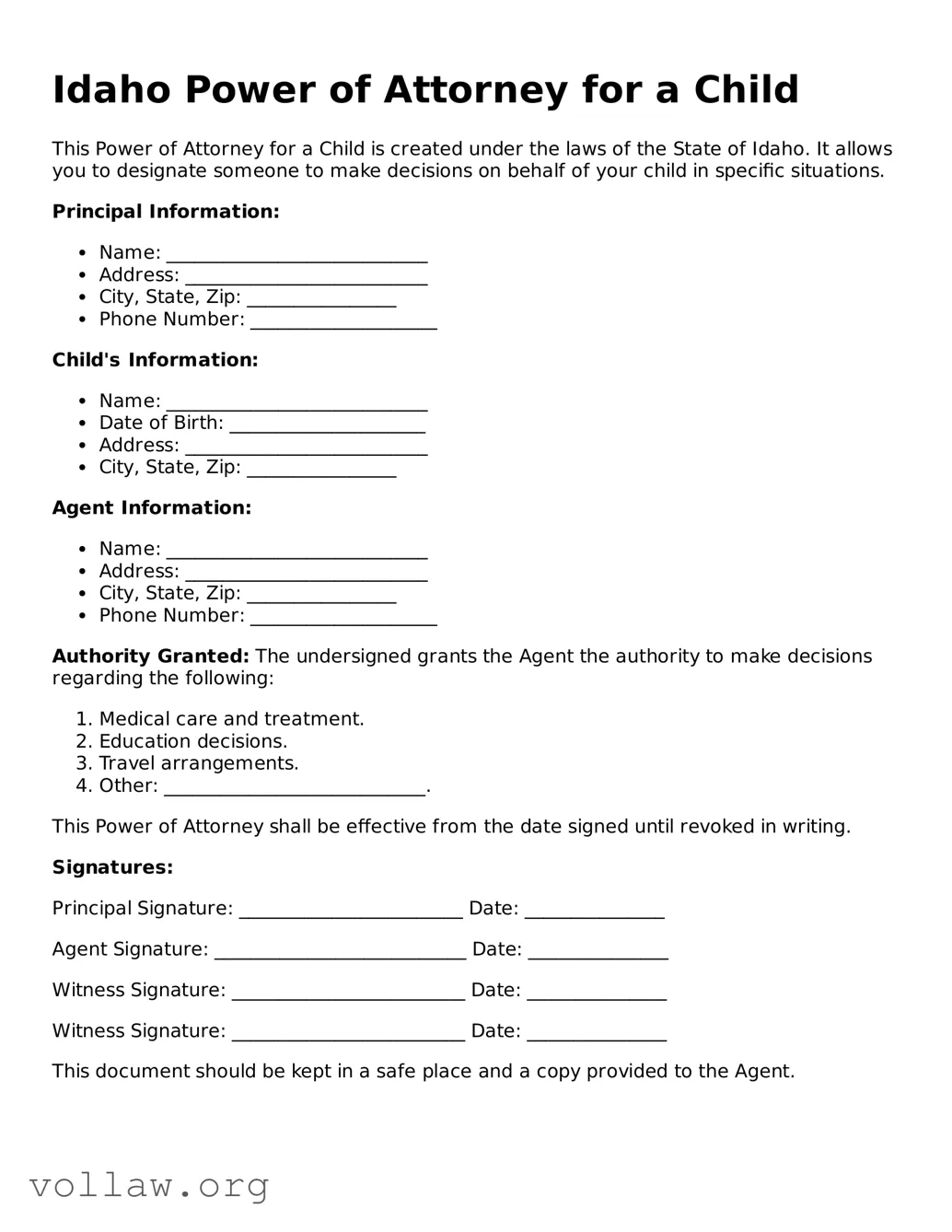 Attorney-Verified  Power of Attorney for a Child Form for Idaho