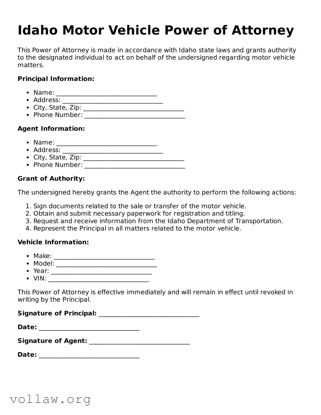 Attorney-Verified  Motor Vehicle Power of Attorney Form for Idaho