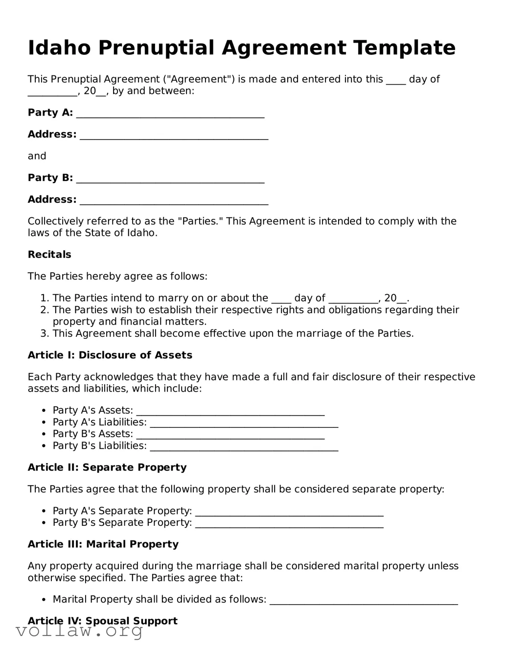 Attorney-Verified  Prenuptial Agreement Form for Idaho