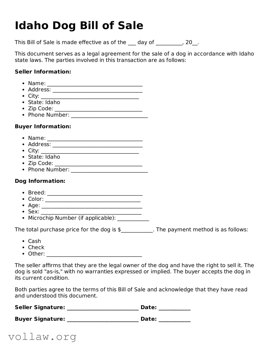 Attorney-Verified  Dog Bill of Sale Form for Idaho