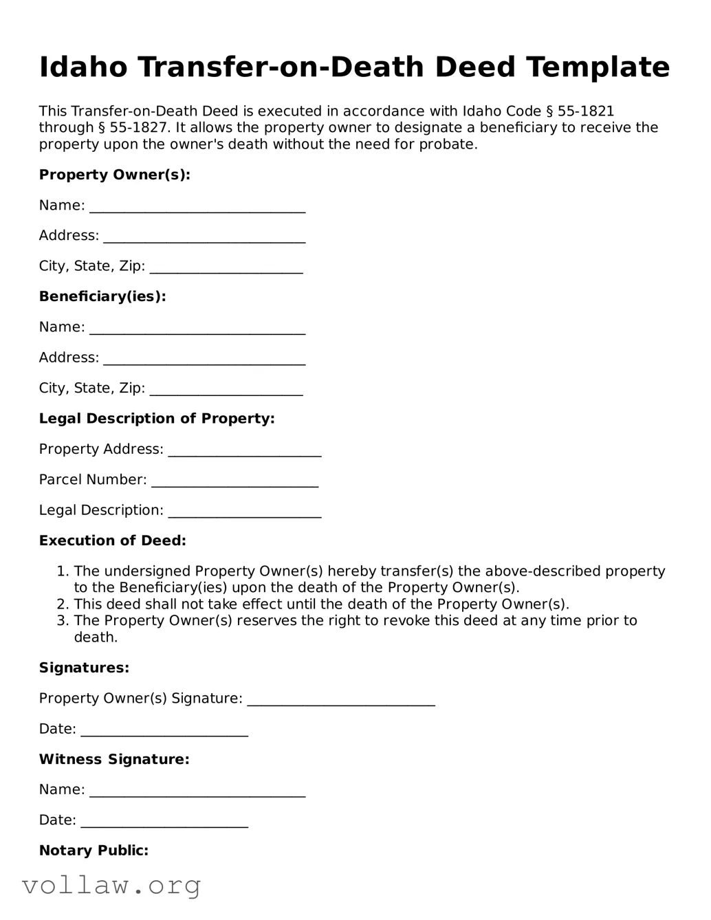 Attorney-Verified  Transfer-on-Death Deed Form for Idaho