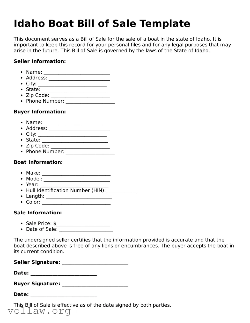 Attorney-Verified  Boat Bill of Sale Form for Idaho