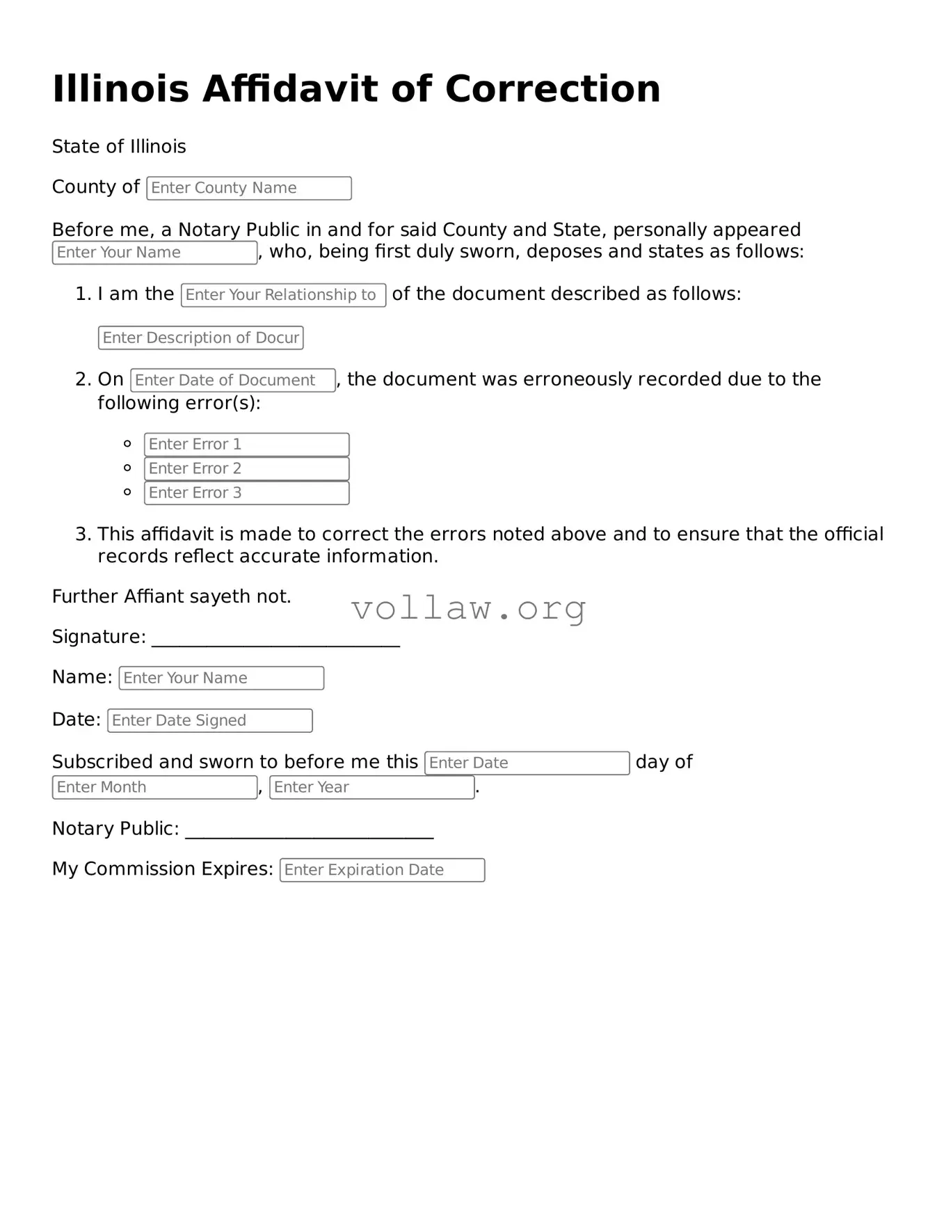 Attorney-Verified  Affidavit of Correction Form for Illinois