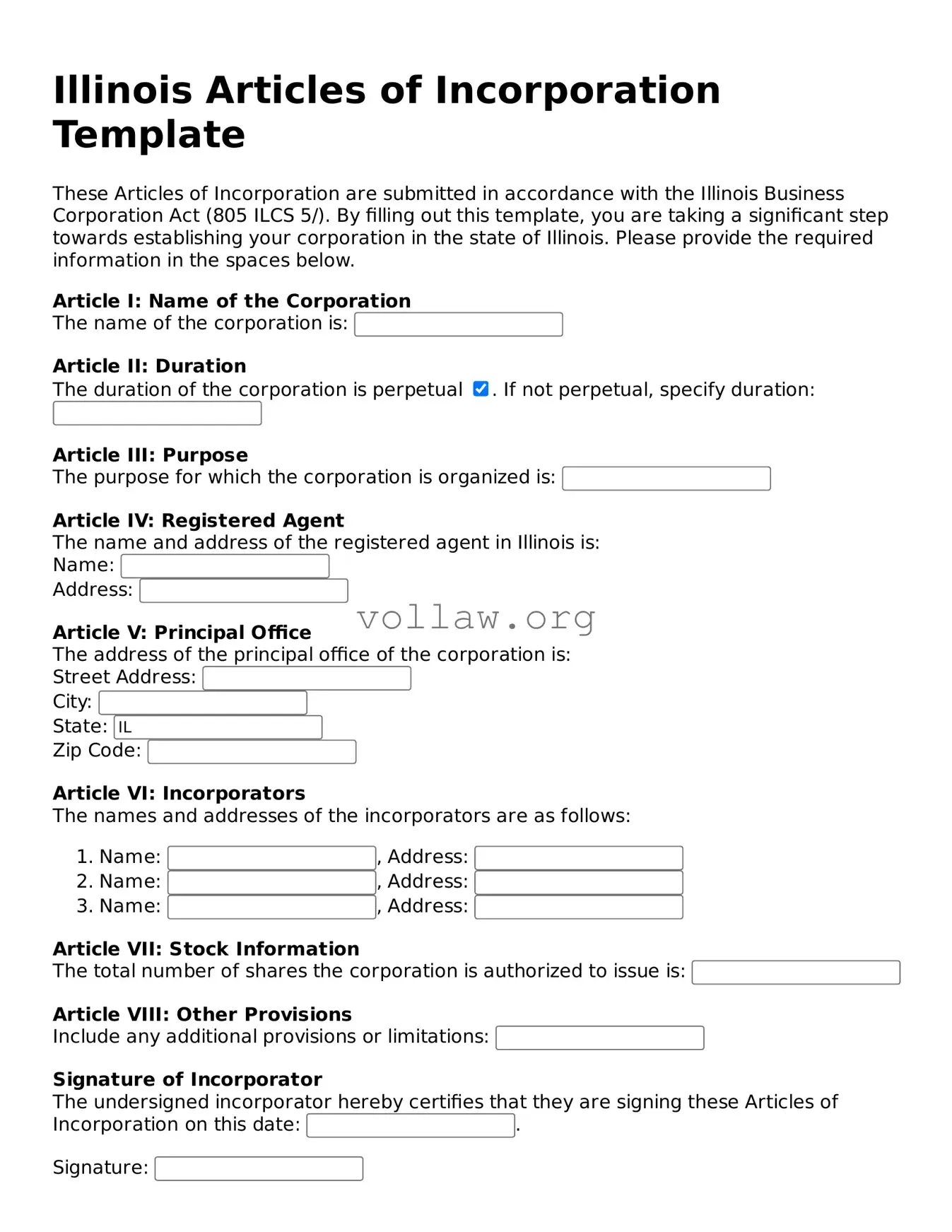 Attorney-Verified  Articles of Incorporation Form for Illinois