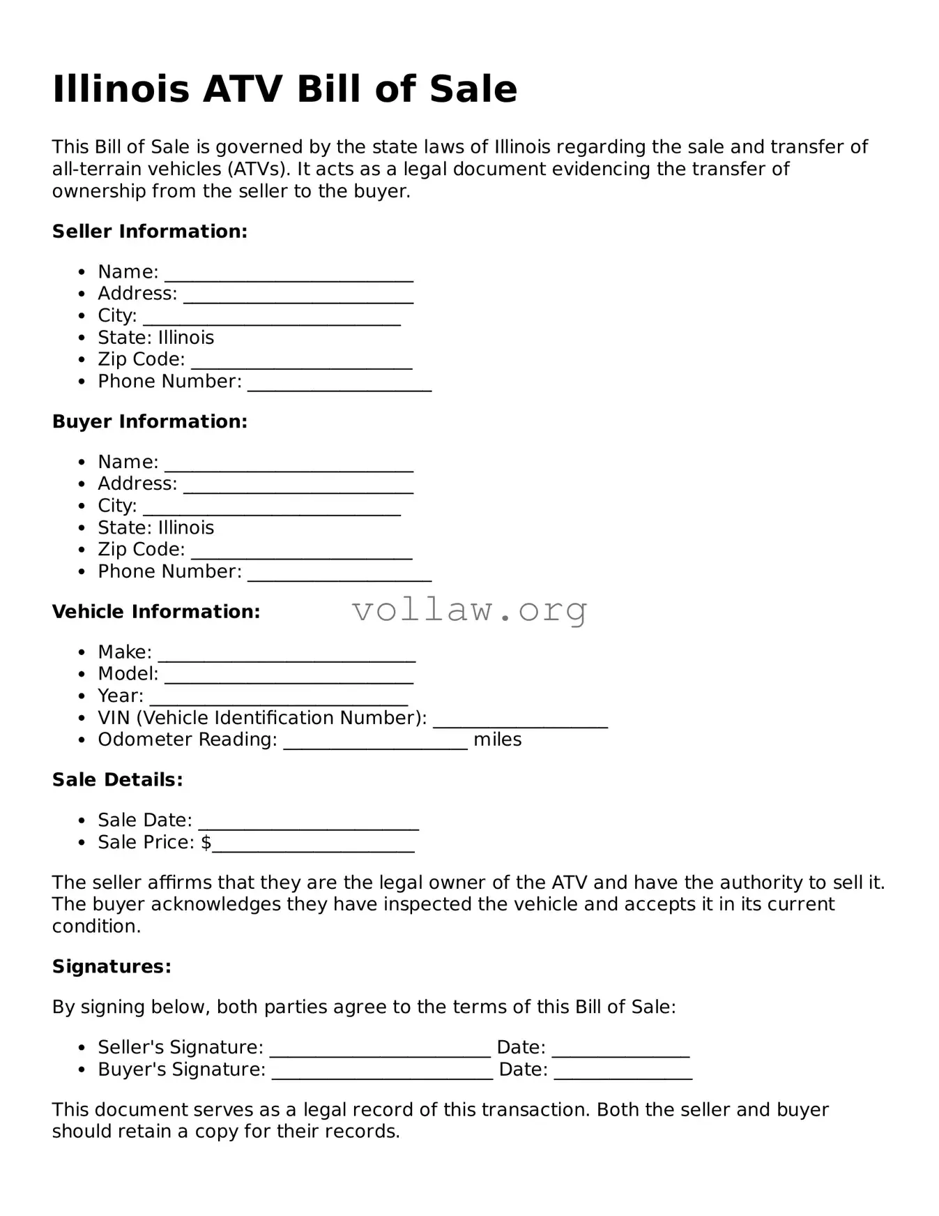 Attorney-Verified  ATV Bill of Sale Form for Illinois