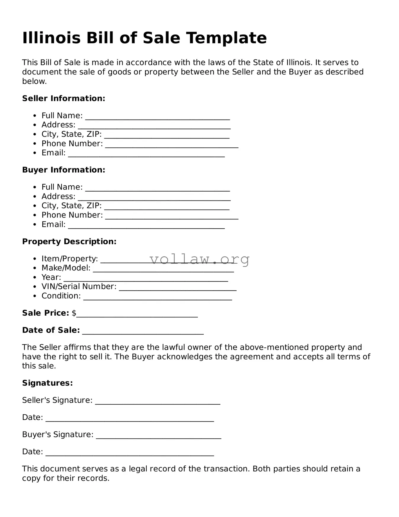 Attorney-Verified  Bill of Sale Form for Illinois