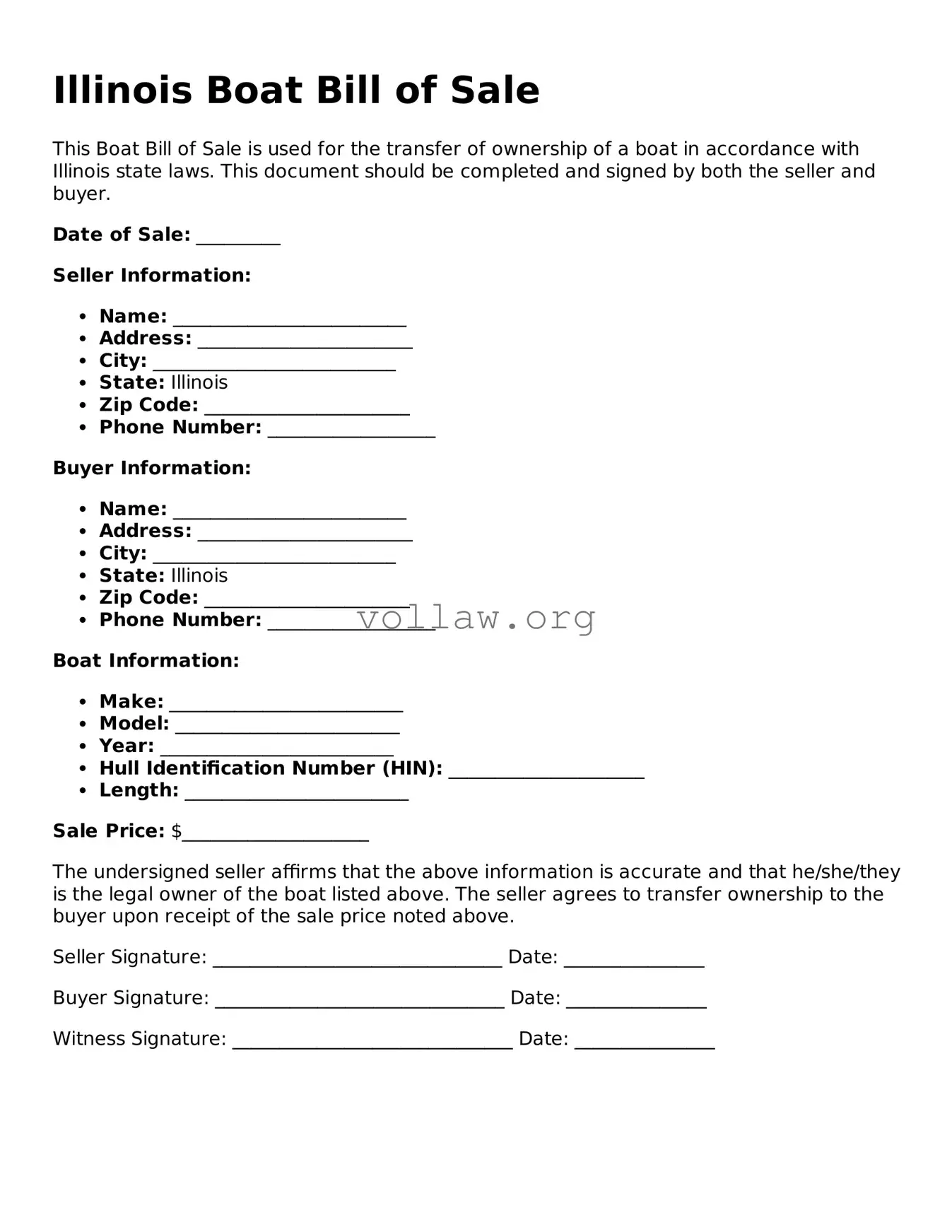Attorney-Verified  Boat Bill of Sale Form for Illinois