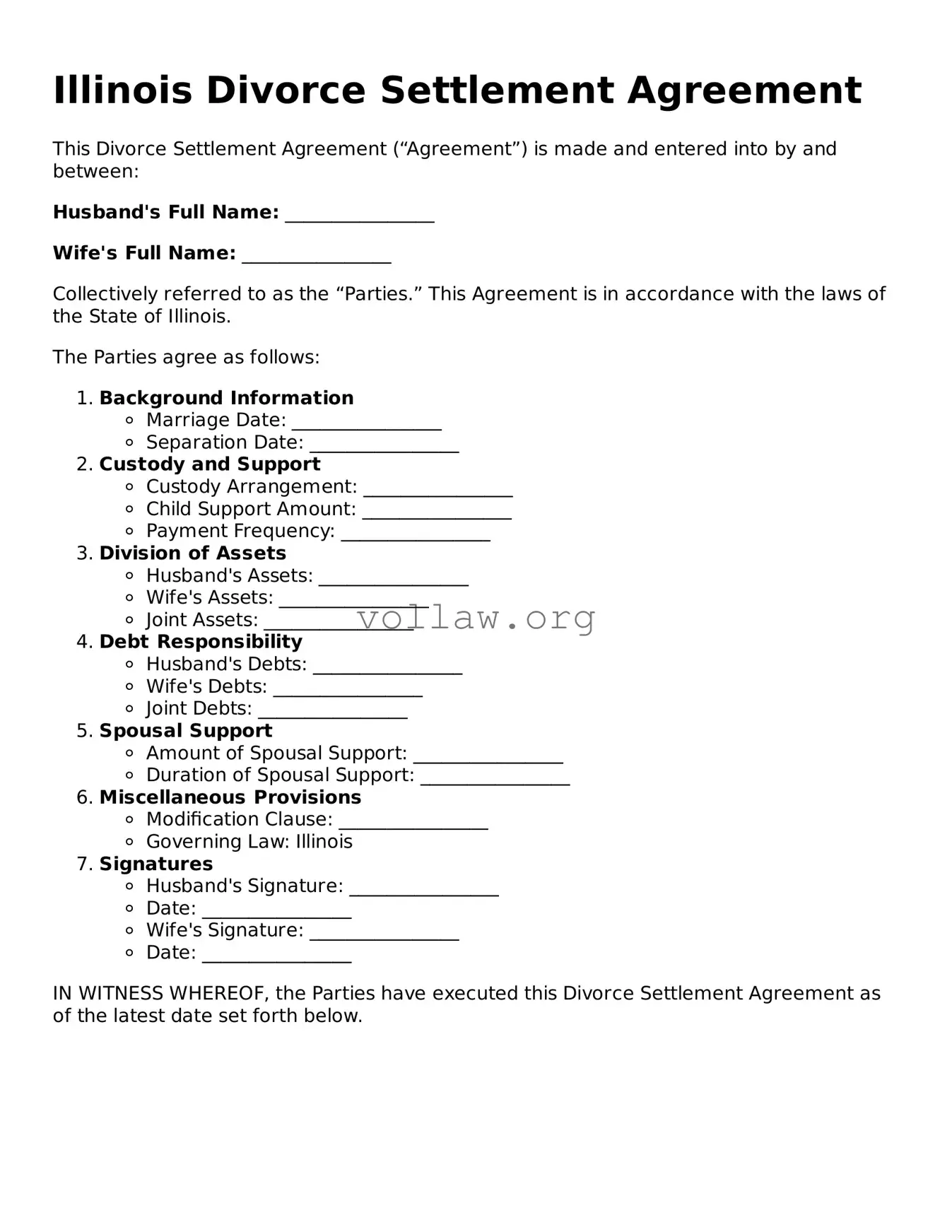 Attorney-Verified  Divorce Settlement Agreement Form for Illinois