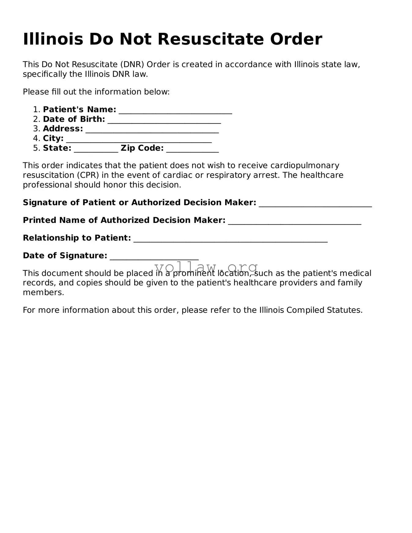 Attorney-Verified  Do Not Resuscitate Order Form for Illinois