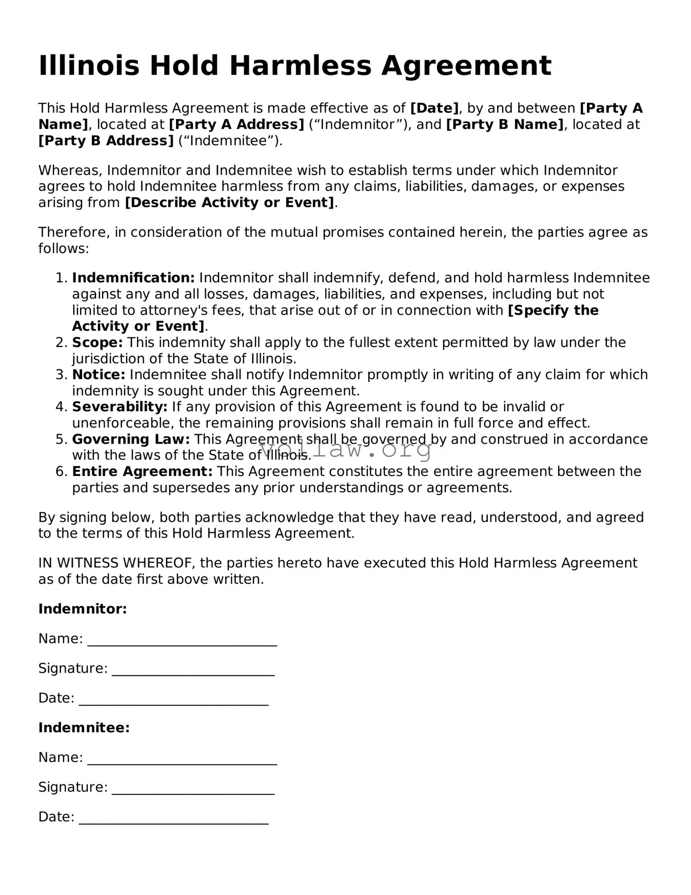 Attorney-Verified  Hold Harmless Agreement Form for Illinois
