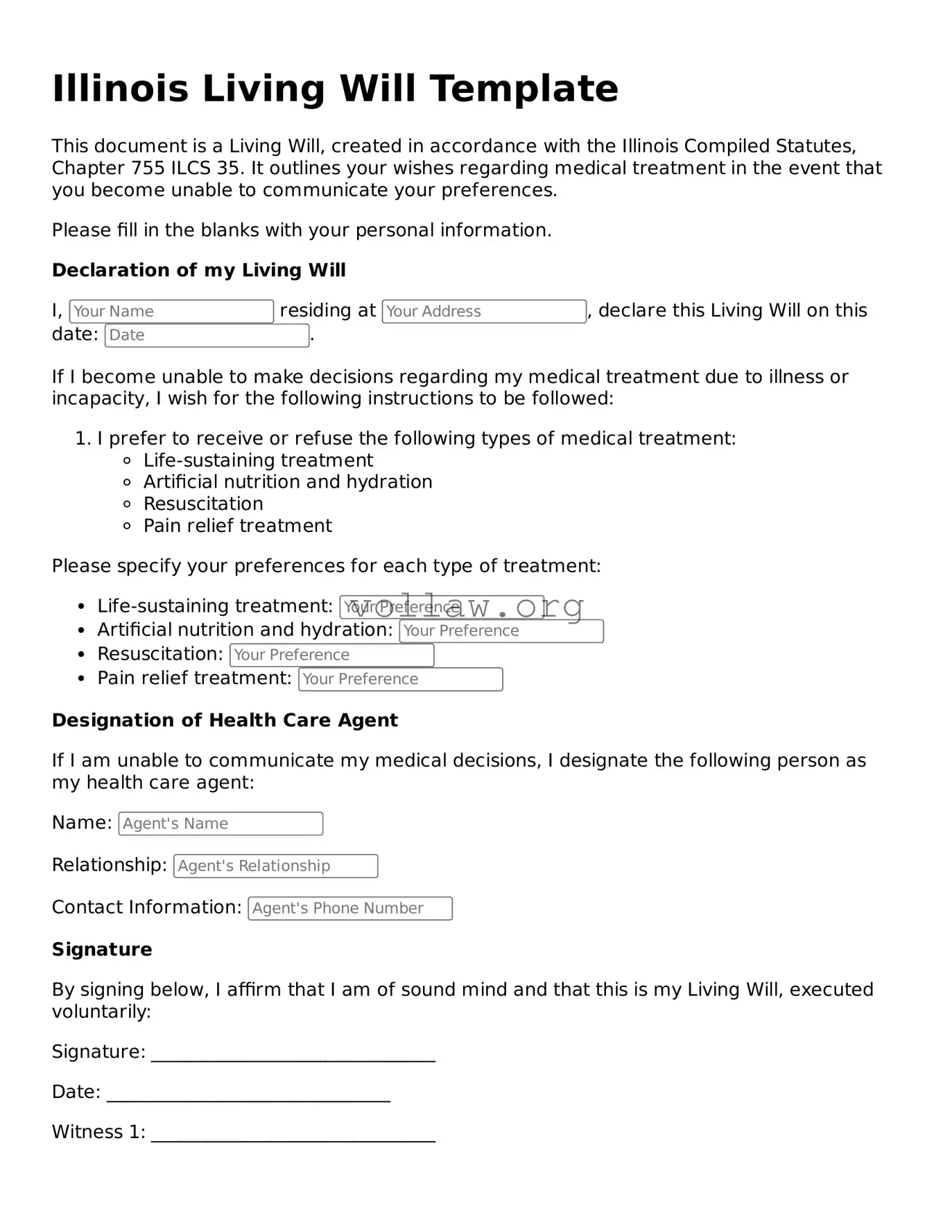 Attorney-Verified  Living Will Form for Illinois