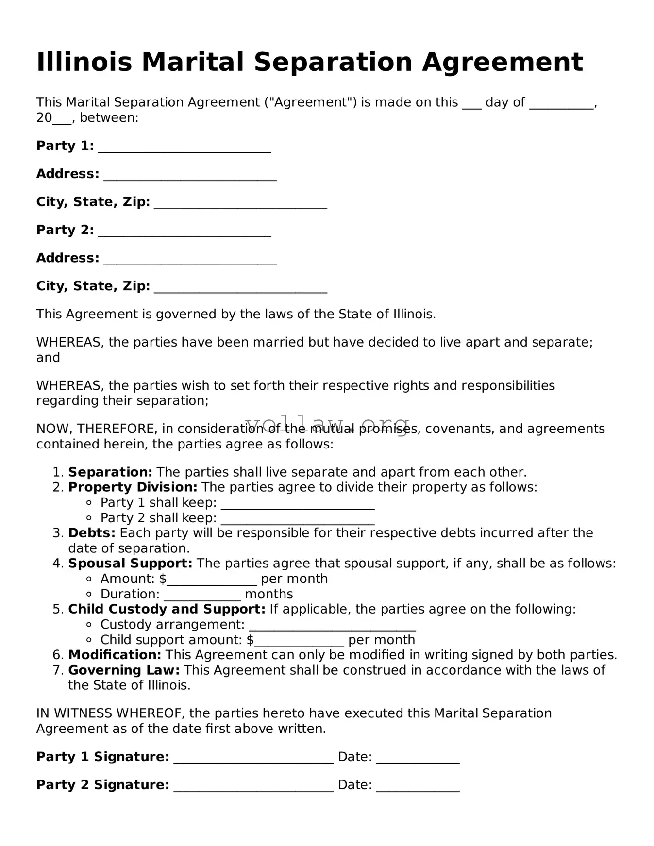 Attorney-Verified  Marital Separation Agreement Form for Illinois