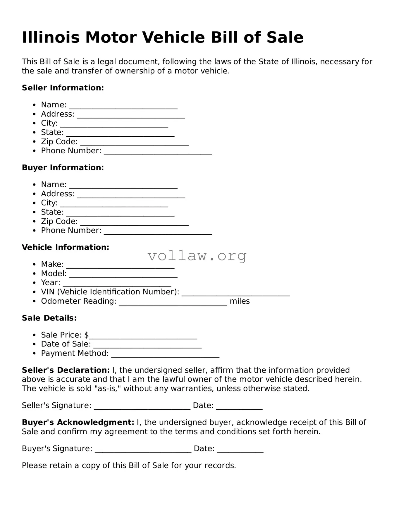 Attorney-Verified  Motor Vehicle Bill of Sale Form for Illinois