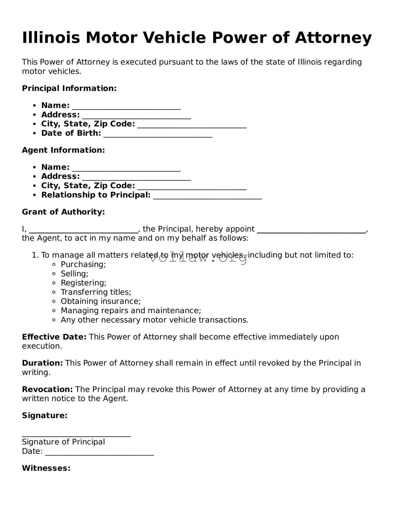 Attorney-Verified  Motor Vehicle Power of Attorney Form for Illinois