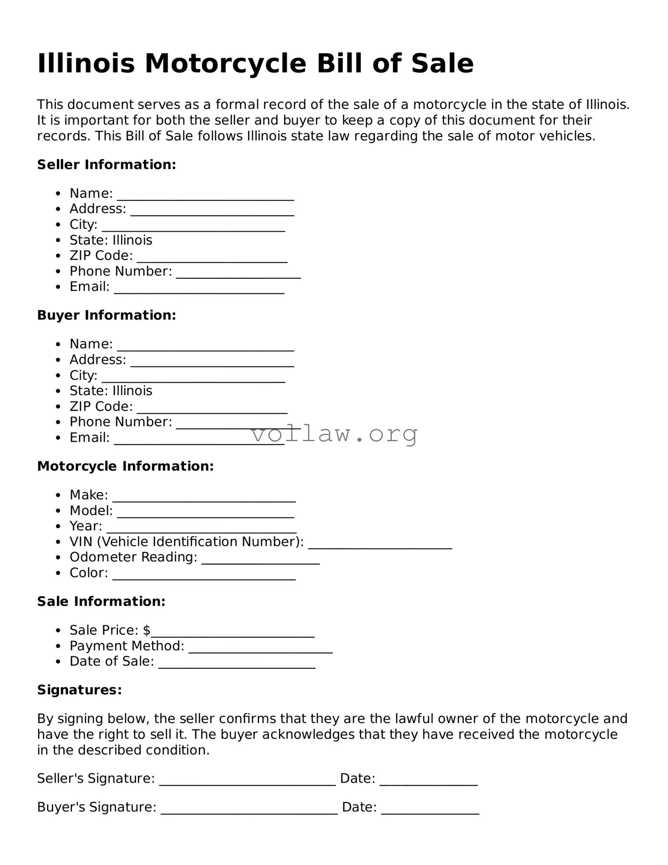 Attorney-Verified  Motorcycle Bill of Sale Form for Illinois