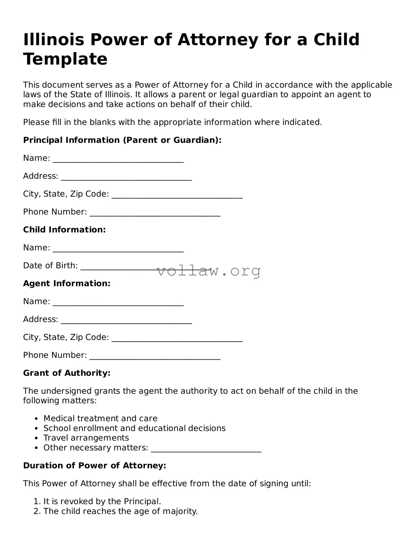 Attorney-Verified  Power of Attorney for a Child Form for Illinois