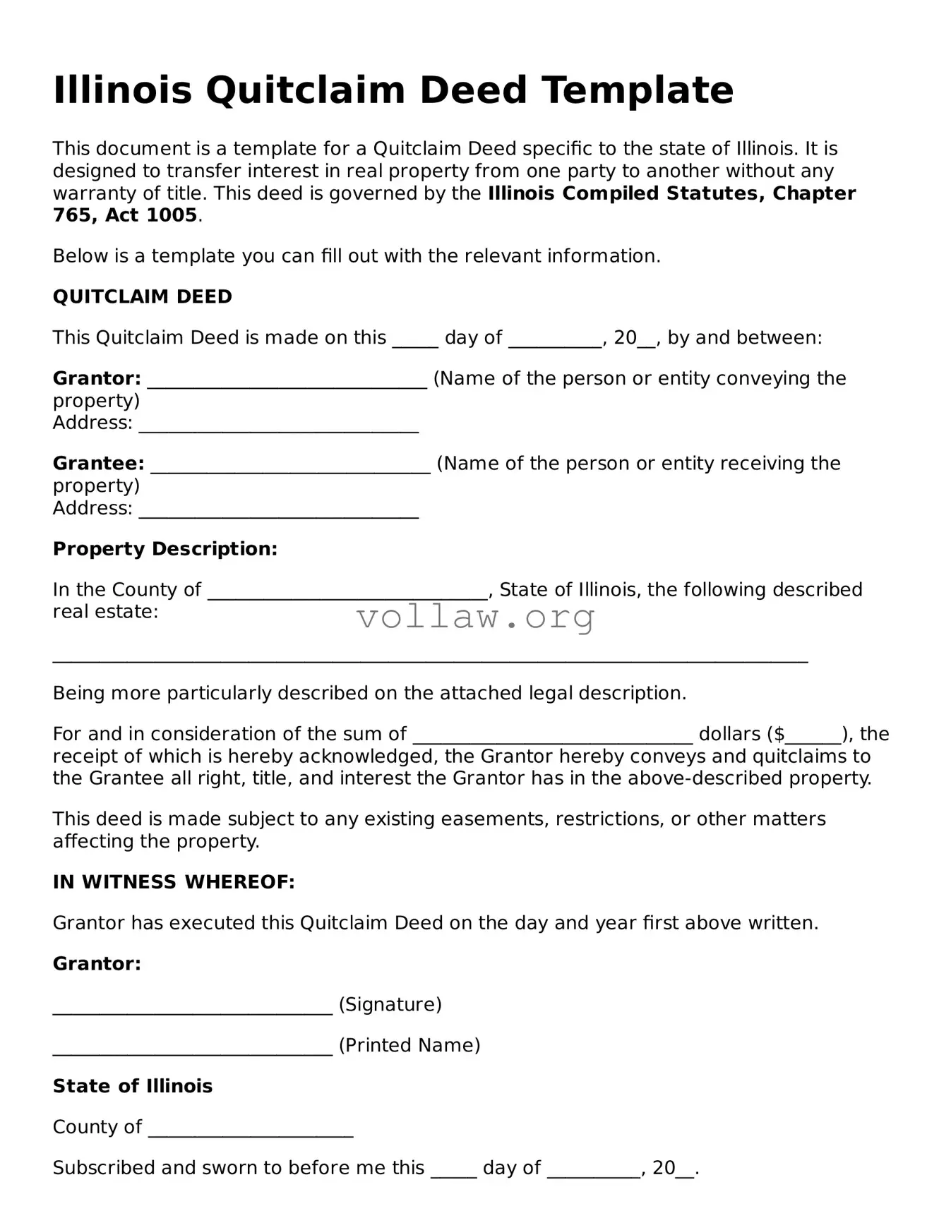 Attorney-Verified  Quitclaim Deed Form for Illinois