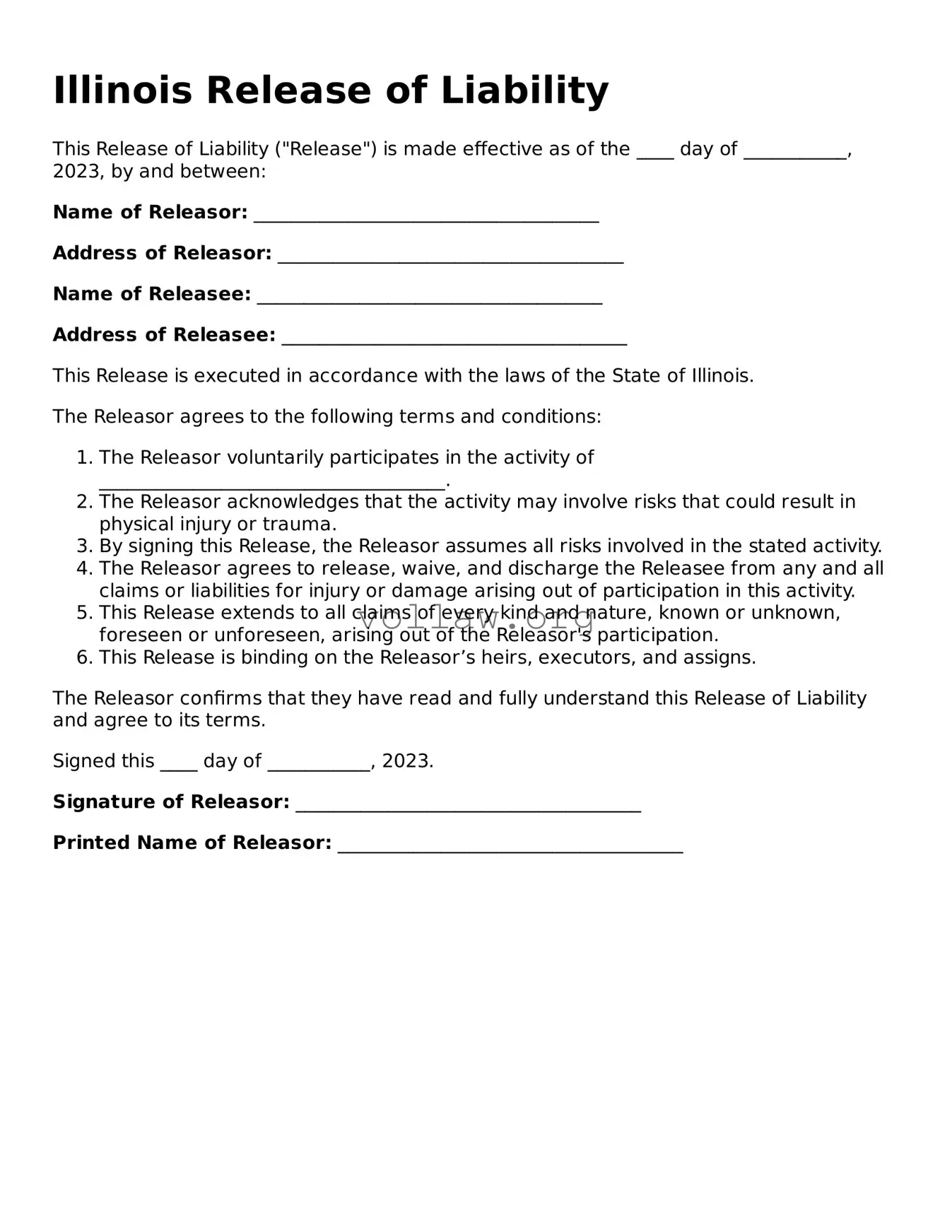 Attorney-Verified  Release of Liability Form for Illinois