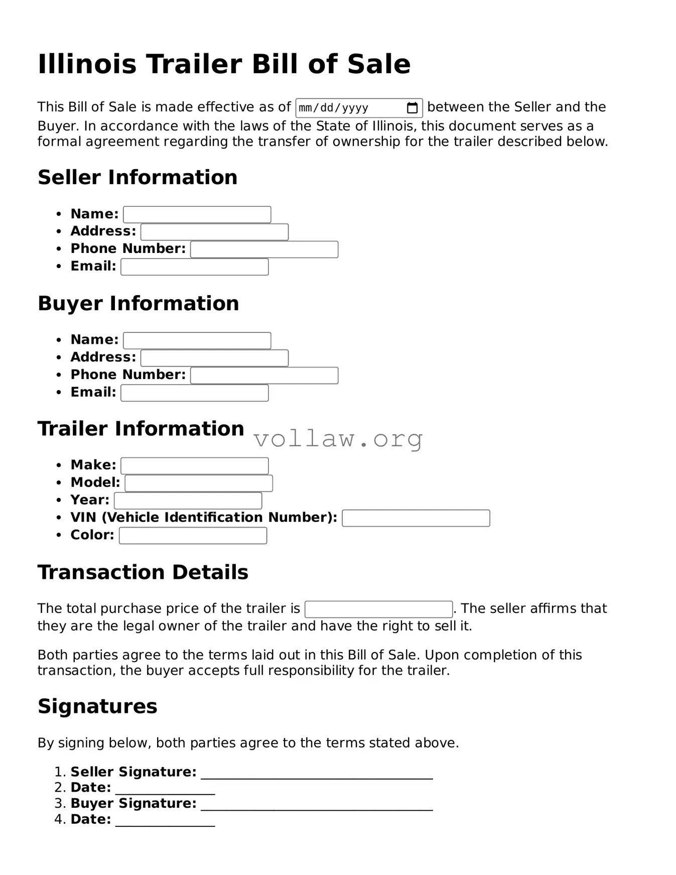 Attorney-Verified  Trailer Bill of Sale Form for Illinois